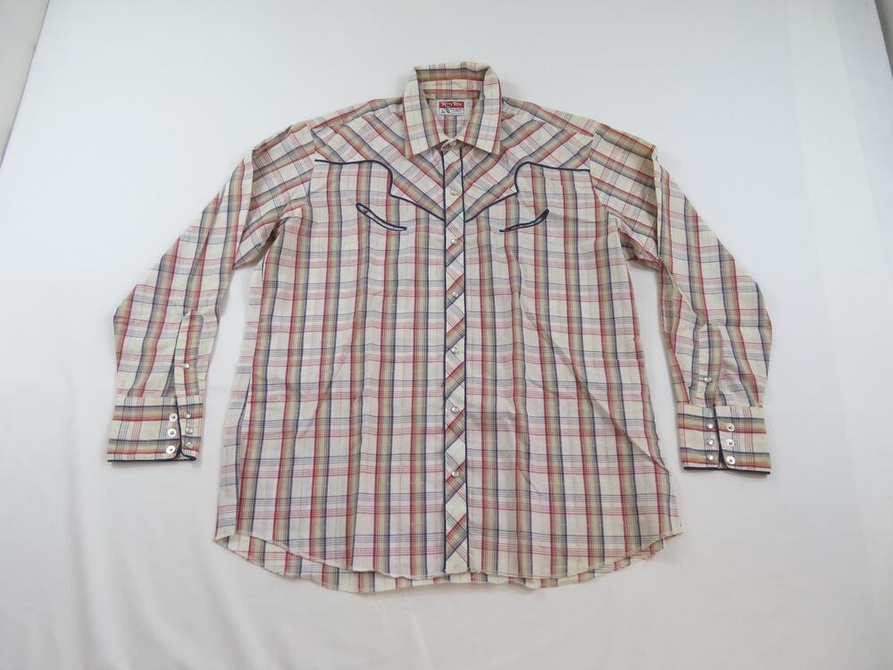 Tem-Tex Pearl Snap Beige Red Blue Plaid Western Shirt 17.5-35 70s/80s